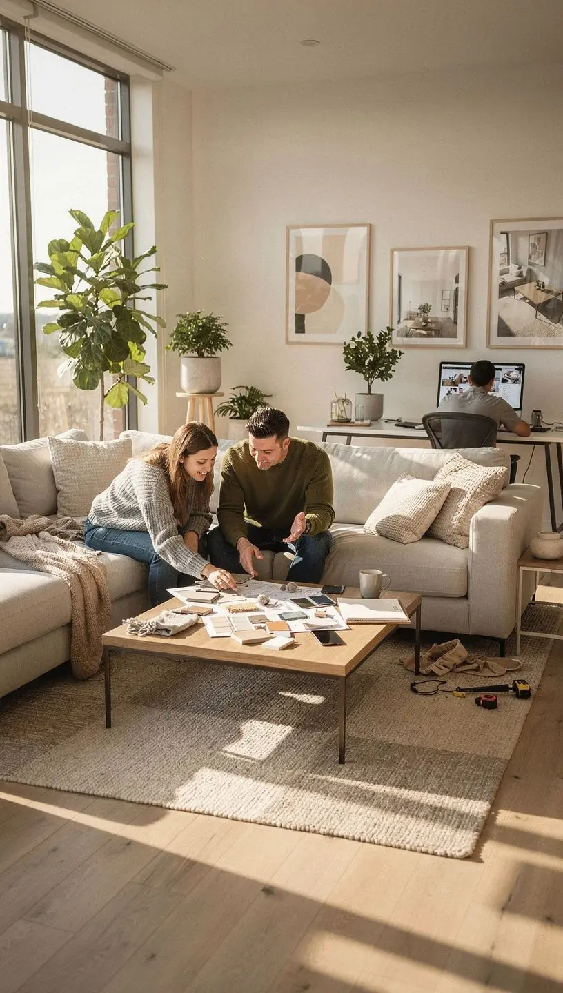 Przestronny pokój dzienny z dużymi oknami i eleganckimi meblami.