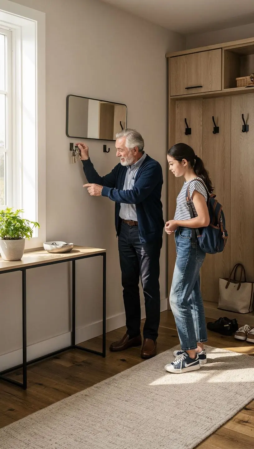 Nowoczesny salon z jasnymi kolorami i minimalistycznym wystrojem.